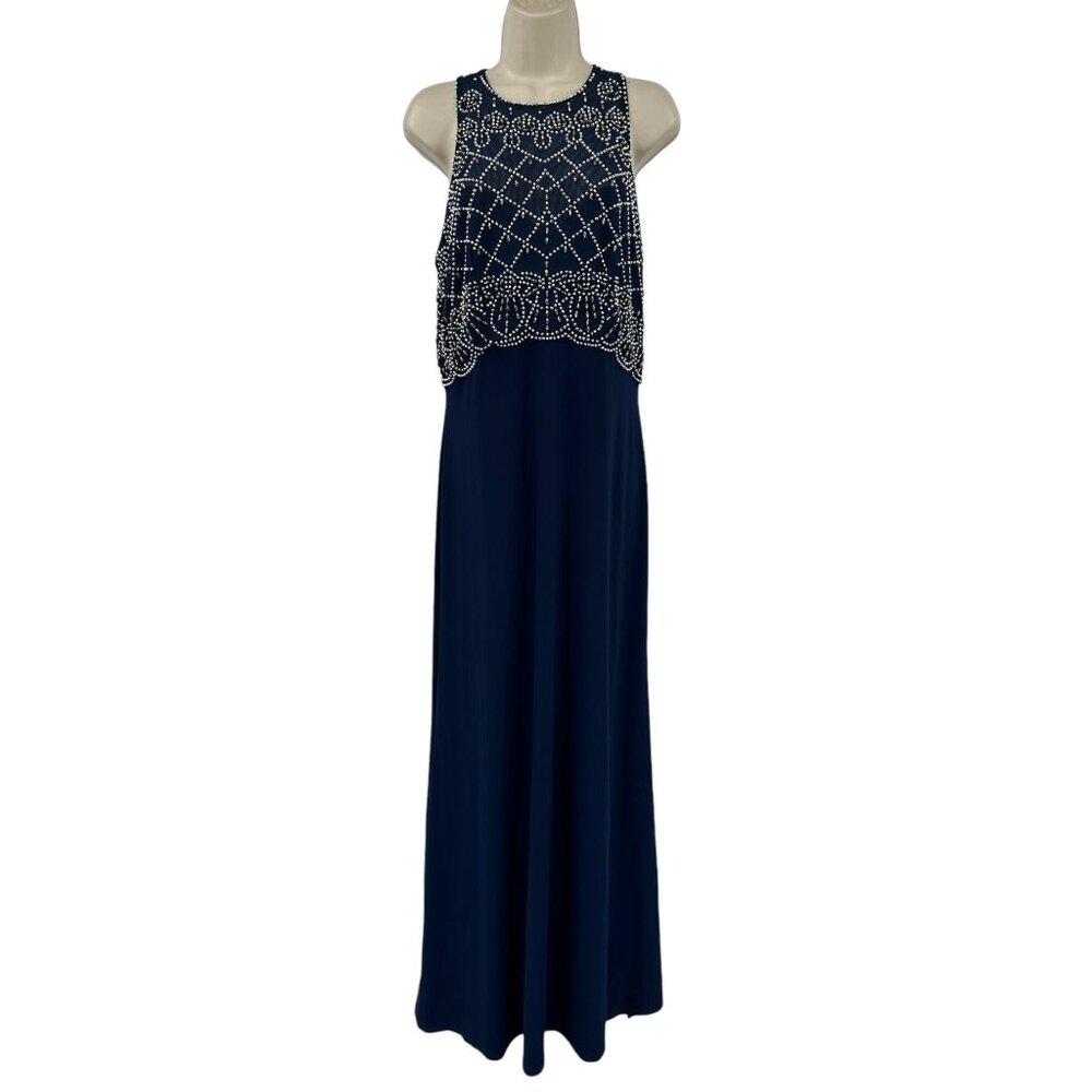 Cachet Navy Sleeveless Gown With Beaded Bodice Floor Length Prom Evening 12